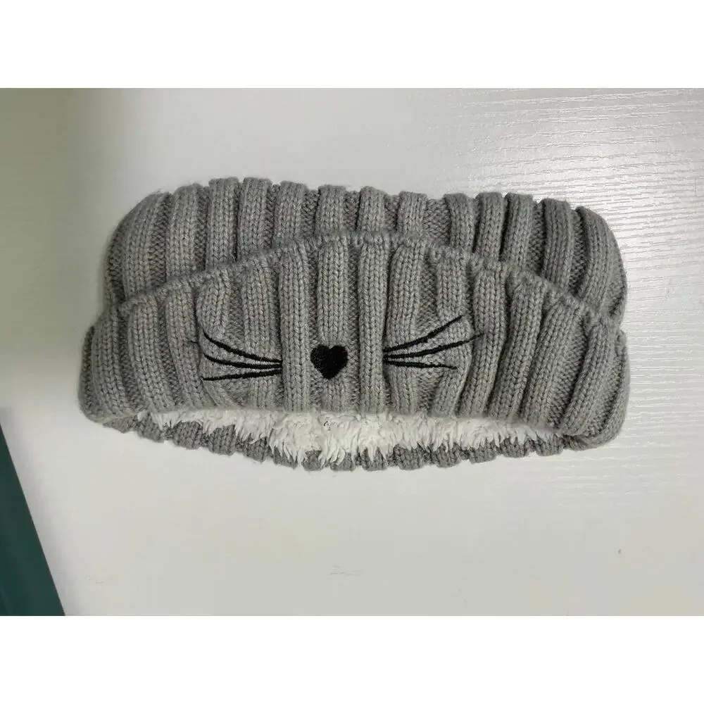 Girls Gray Fleece Lined Kitty Cat Embroidered Ear Warmer Winter Headband Youth